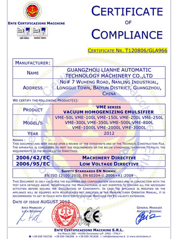 "Emulsifier" CE certification